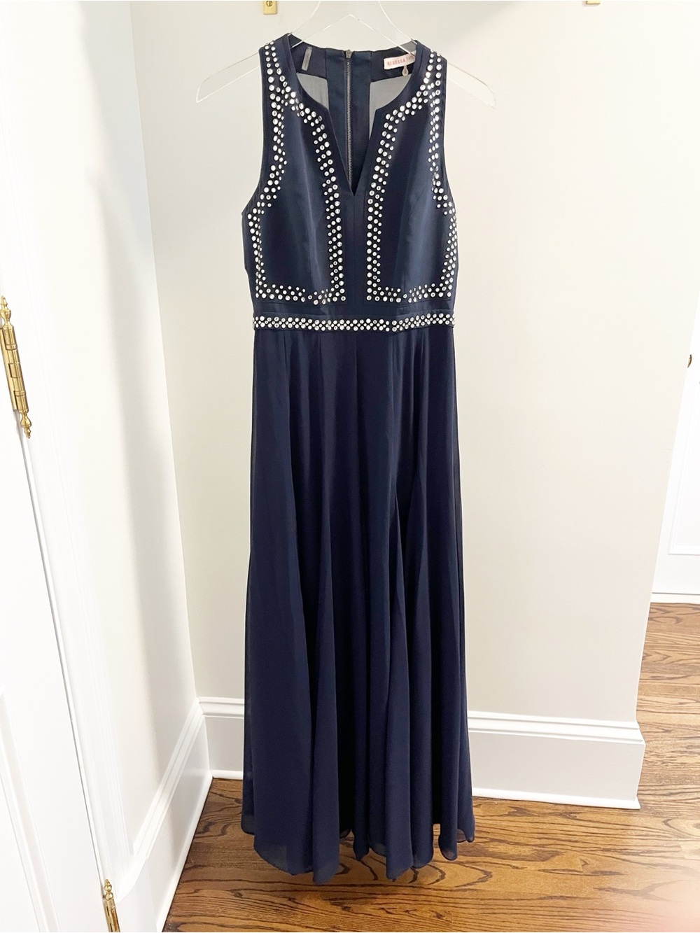 Rebecca Navy Beaded Sleeveless Chiffon floor length summer wedding guest gown